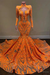 Unique Orange Long Sleeves Mermaid Prom Dress Sequins